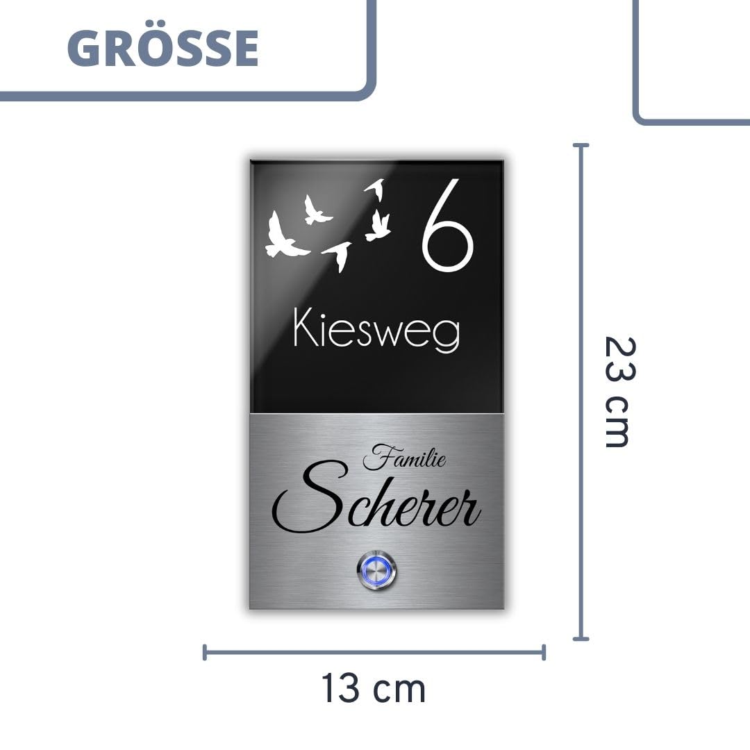 Türklingel mit Gravur LED-Klingelknopf und über 99 Motive 13x23 cm | Modell: Scherer-Aa | gravierte Klingel aus Hochglanz Acrylglas und Edelstahl Klingelschild