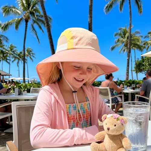 Image of SNOWIE SOFT Wide Brim Sun Hat for Kids Girls with Neck Flap Shawl, UPF 50+ Adjustable Chin Strap Sun Protection Hat for Girls 2-10 Years Old, Summer Breathable Sun Visor Hat Windproof Beach Hat