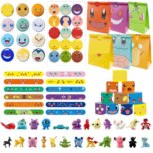 Moocuca 60 Stück Party-Mitgebsel – Inkl. 24 Mini-Figuren, 12 Geschenktüten, 12 Armbänder & 12 Abzeichen – bunte Geburtstagsgeschenke & Spielzeug