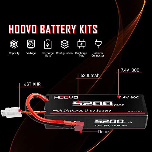 HOOVO 2S 7.4V 5200mAh 80C RC LiPo Battery Hard Case with Deans Connector for RC Buggy Vehicles Car Boat Truck (2 Pack)