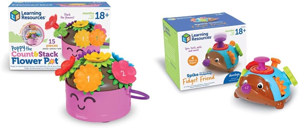 Learning Resources Poppy The Count & Stack Flower Pot - 15 Pieces & Spike The Fine Motor Hedgehog Fidget Friend, Fidget Toy, Tactile Toy for Toddlers, Road Trip Toys, Ages 2+
