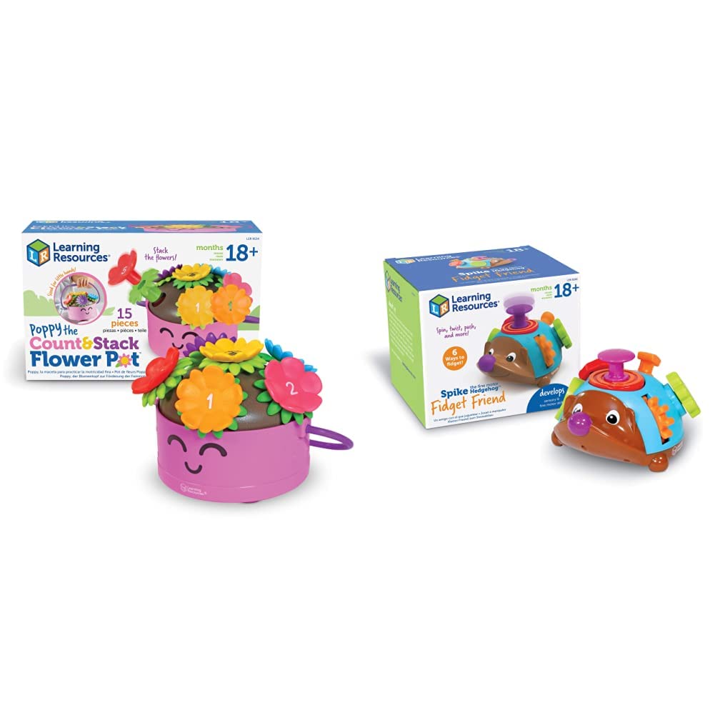 Learning Resources Poppy The Count & Stack Flower Pot - 15 Pieces & Spike The Fine Motor Hedgehog Fidget Friend, Fidget Toy, Tactile Toy for Toddlers, Road Trip Toys, Ages 2+