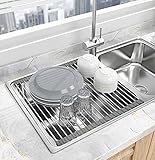 Seropy Roll Up Dish Drying Rack Over the Sink for Kitchen RV Sink 17.8x15.7 Inch Kitchen Drying Rack Folding Dish Drainer Mat Rolling Dish Rack Foldable Sink Rack Stainless Steel Wide Kitchen Dry Rack