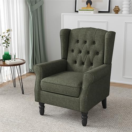 Qatiby Wingback Accent Chair, High Back Arm Chair for Living Room, Button-Tufted Upholstered Fabric Armchair with Solid Wood Legs, Comfy Single Sofa Reading Chair for Bedroom, Green