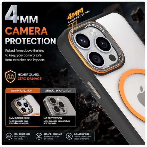 Image of Pikkme Back Cover for iPhone 14 Pro Max | Shockproof | Mag-Safe Compatible | Hard Transparent Back | Premium Raised Camera Protection | Bumper Case (Black & Orange Mag-Safe)