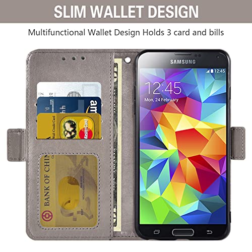 Asuwish Compatible With Samsung Galaxy S5 Wallet Case And Tempered Glass Screen Protector Card Holder Flip Wrist Strap Cell Phone Cover For Glaxay S 5 Neo Gaxaly 5S Galaxies Gs5 G900A G900T Women Grey #TOP1