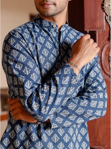 Image of DEELMO Men's Cotton Blend Printed Long Sleeve Short Kurta | Stylish Casual & Ethnic Wear | Comfortable Mandarin Collar Kurta for Daily, Festive & Party Outfits