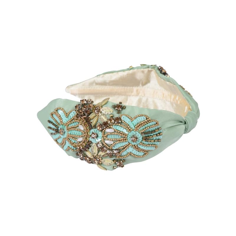 NNR Hand Crafted Embroidery Hair Band, Stones & Bead Work, Soft Fabric Headband Strong And Durable Metal Band Inside Support - Green Color