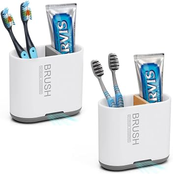 Toothbrush and Toothpaste Holder with Divider for Bathroom Countertop Organizer, 2 Slots Electric Toothbrush Holders Storage Caddy Drainage for Family-White