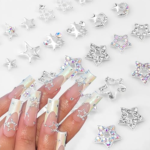 WOOXDYUK 20 sztuk wisiorków do paznokci w kształcie gwiazdy, 3D srebrne gwiazdy, kryształki do paznokci, wzór gwiazdy, kryształy do paznokci, złoto z kryształami diamentowymi, akcesoria do zdobienia