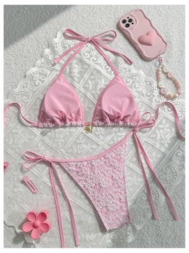 WDIRARA Women's Floral Lace Bikini Set Halter Triangle String Swimsuit 2 Piece Bathing Suit2