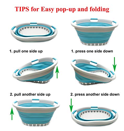 Image of SAMMART 36L (9.5 gallon) Collapsible 3 Handled Plastic Laundry Basket-Foldable Pop Up Storage Container /Organizer-Space Saving Basket (3 handled Oval, Grey /Bright Blue)