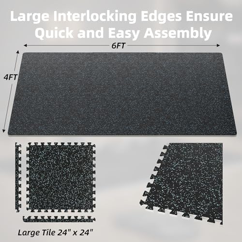 0.79\" Gym Flooring,6 Pcs 24 Sq Ft Rubber Top Floor Tiles for Home Gym High Density EVA Foam Gym Mat with Rubber Top Interlocking Exercise Equipment Matt for Garage/Fitness Room-Black+Blue
