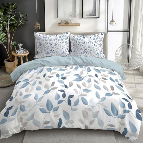 White Bedding Duvet Cover Oversized King Size Blue Leaves, Super Soft Duvet Cover Set Lightweight Soft Hypoallergenic Reversible Bedding for Adult Teen