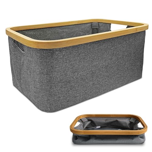 DOKRVLOQ Collapsible Laundry Washing Baskets Grey Bamboo Cloth Fabric 50l Large Foldable Wash Clothes Storage Ironing Basket Folding Space Saving Laundry Hamper