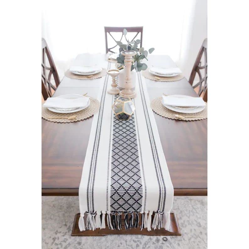 Image of Premium Boho Cotton Table Runner for 4 6 Seater Dining Table |Center Table |Coffee Table|Dining Table|Eating Area|Table Decor(14*72 INCHES)|Black White| SZPR 027