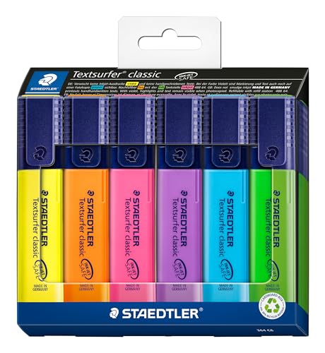 STAEDTLER Textmarker Textsurfer classic, hohe Qualität, mit großem Tintenspeicher für extra lange Markierleistung, 6 sortierte Textmarker im Kartonetui, 364 C6