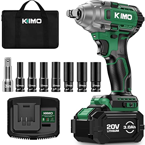 Kimo Cordless Impact Wrench, 3000 Rpm, 1/2 Impact Gun With 3.0Ah Li-Ion Battery, 7 Drive Impact Sockets, 3 Inch Extension Bar, 1 Hour Fast Charger,1/2 Impact Driver W/Max Torque 260 Ft-Lbs (350N.m) #TOP18