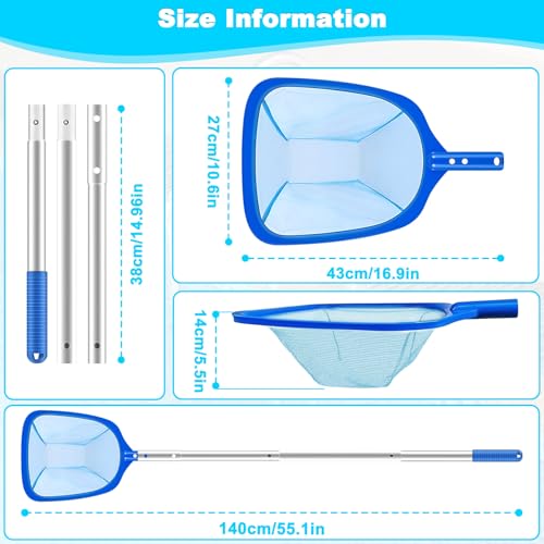 Miniatura 5 de Skimmer De Red Piscinas 140 Cm Con Mango Y Varilla Gruesa Aluminio Extraíble, Retino Con Malla Fina Para Recolecta Superficies Residuos De Piscina, Estanques, Spas, Lagos Jardín, Fuentes Y Acuarios