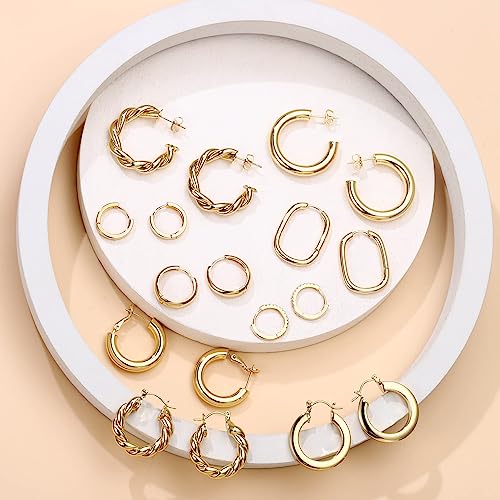 Image of Yesteel 9 Pairs Gold Hoop Earrings for Women, 14K Real Gold Plated Chunky Hoop Earrings Set for Women Hypoallergenic Thick Lightweight Earring for Womens Jewelry Gifts