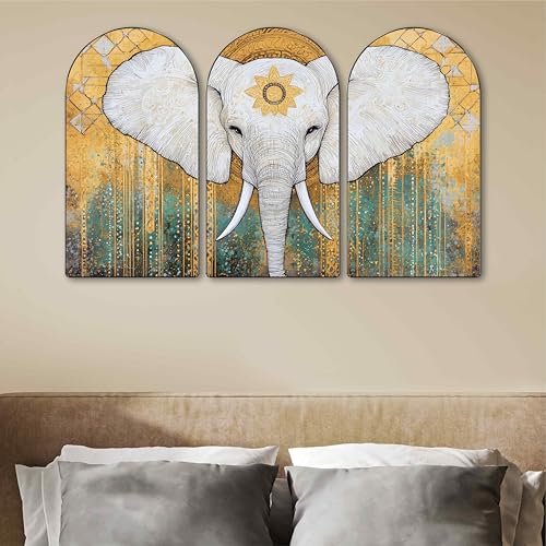 Image of Livin'luxe Majestic White Elephant Wall Painting | Spiritual & Artistic Set of 3 MDF Panels | Golden Teal Abstract Decorative Wall Art for Living Room, Bedroom & Home Decor (20 x 30 Inch) RPNS-28