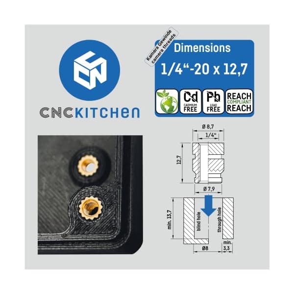CNC Kitchen Original Gewindeeinsatz, 1/4"-20x12,7 20 Stück, z.B. für Kameragewinde; Blei- und Cadmium FREI – Bild 4