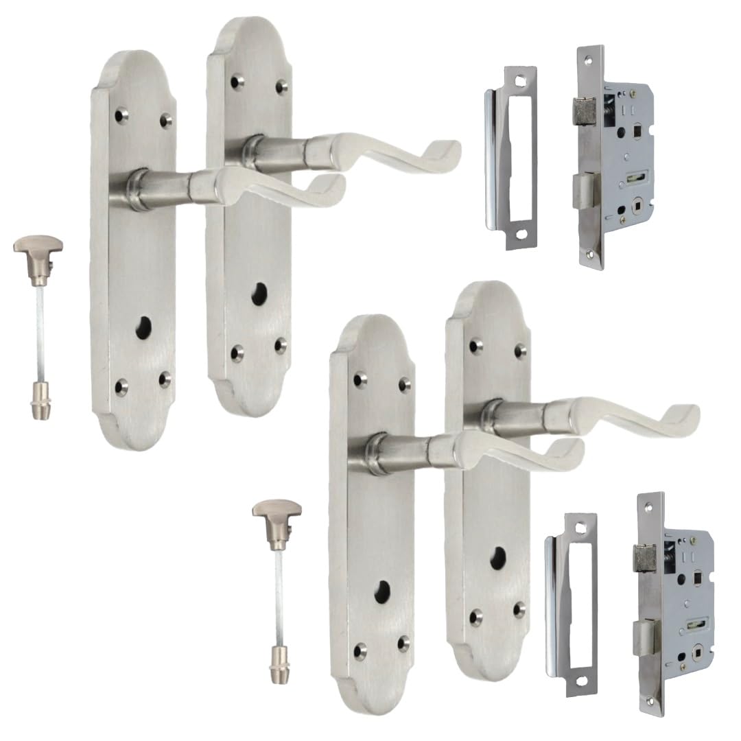 Epsom Door Handle Bathroom Handle - Victorian Scroll Style Satin Nickel Finish Brass Material Lever Handle Type Sash Lock 2 Pair 170mm x 42mm