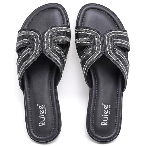 Wide Width Sandals for Women, Fashion Slide Sandal Diamond Sparkly Bling Casual Dressy Flat Slides Comfort Bride Wedding Summer Slip on Wide Feet Wome