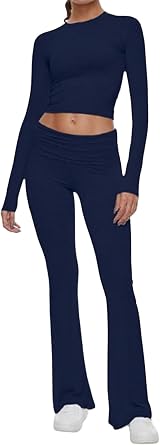 NTSWZYS Womens 2 Piece Lounge Sets Basic Solid Fold-over Flare Pants Set Long Sleeve Crop Top Casual Pajamas Outfits