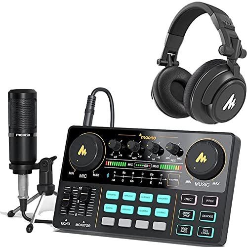 MAONO Podcast Equipment Bundle Audio Interface with Studio Headphone, Maonocaster Lite Portable ALL-IN-ONE Podcast Production Studio with 3.5mm Microphone for Guitar, Live Streaming, PC, Recording