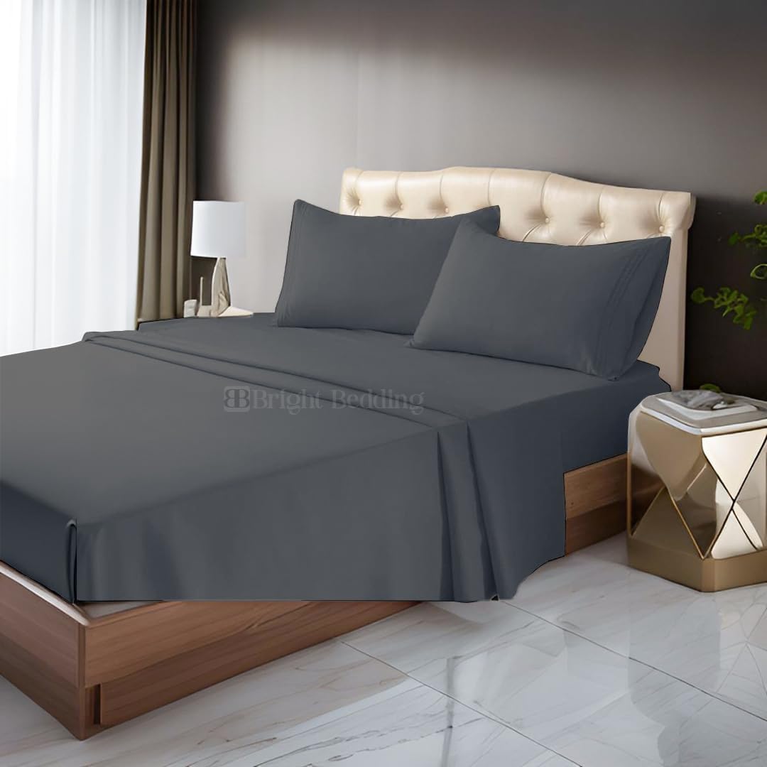 KP Linen 4 Piece Waterbed Sheets 100% Egyptian Cotton 600 Thread Count, Attached Fitted Sheet with 15 Inches Deep Pocket, King Size Waterbed Sheets Set, Dark Grey Solid
