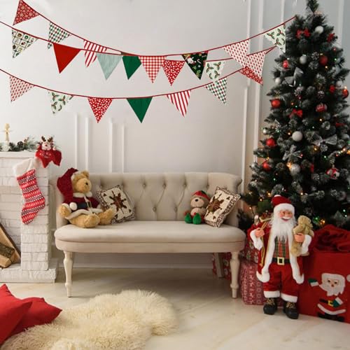 Image of Zwiebeco 32Ft Christmas Pennant Fabric Triangle Flags Garland Red Green White Cotton Bunting Banner for Merry Xmas Party Birthday Wedding New Year Fireplace Home Garden Outdoor Decorations