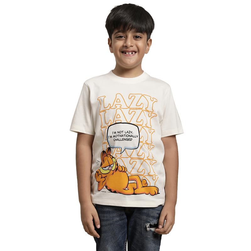 Image of Kidsville Garfield Printed Regular Fit Off White Cotton Boy's T-Shirt