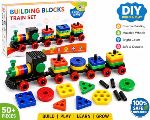 Image of Happy Kids Building Blocks Train Toy Set | DIY Creative Construction with Wheels | Educational | Motor Skills Development | Multicolor Plastic Blocks Set