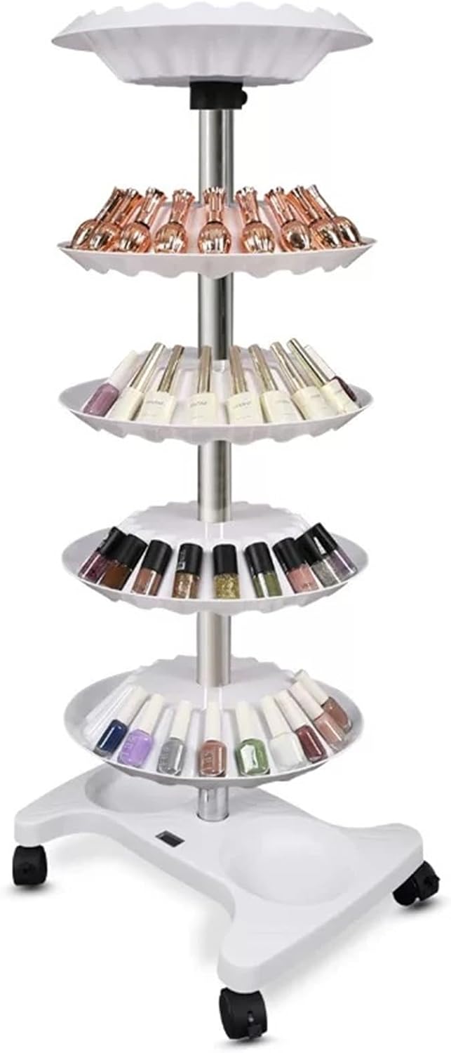 5 Tiers Nail Polish Trolley Display Organizer, 360 Rotating Nail Polish Rack Holder with Wheels, Up to 120, Rotating Essential Oil Display Stand for Home Spa Business Salon, White