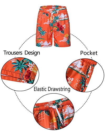 Tunevuse Little & Big Boys Hawaiian Button Down Shirts And Short Sets Orange Hawaii Printed Summer Outfits With Matches Bucket Hat Kids 2 Pieces Clothes Cabana Set 7-8T #TOP3