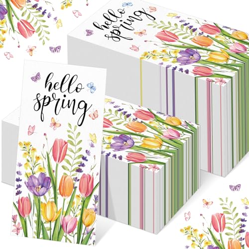 Jingmore 100 Pcs Spring Paper Guest Towels Floral Tulip Disposable Bathroom Hand Towels Decorative Butterfly Hello Spring Napkins for Wedding Bridal Shower Party Summer Kitchen Dinner Table Decor