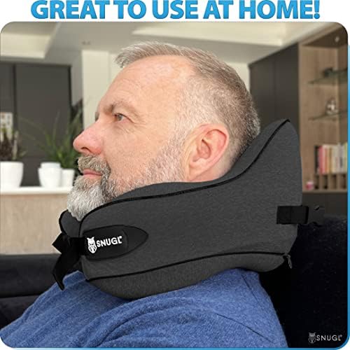 SNUGL Travel Pillow - Premium Memory Foam Neck Rest Cushion - Head, Neck & Chin Support for Airplane, Train or Car - Carry Bag with Clip Included - Flight and Travel Essentials (Jet Black - Regular)