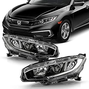 ACANII - For [Halogen Model] v Honda Civic Black Housing Projector Headlights Headlamps Assembly Pair Left+Right