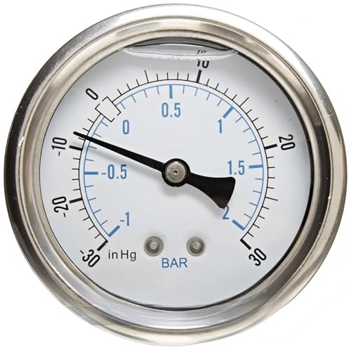 1/4" NPT Back Mount Liquid Filled Pressure Gauge with 2.5" Dial - -30-30 PSI - for Commercial or Industrial Hydraulic & Pneumatic Systems - Compressor Pressure Gauge Replacement
