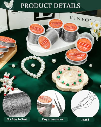 FIVEIZERO 656FT 0.38mm 7 Strand Stainless Steel Beading Wire, 2 Rolls Nylon Coated Jewelry Wire for Jewelry Making, Necklaces & Bracelets - Thumbnail 3