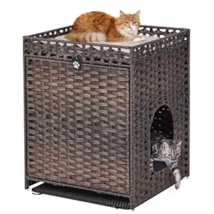 Recinzione per lettiera per gatti con tappetino morbido; mobili nascosti per bagno per gatti con porta; casetta per gatti in rattan intrecciata a mano; gabbia per animali domestici per soggiorno,