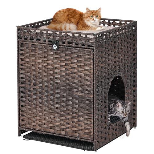 Cat Litter Box Enclosure with Soft Litter Mat; Hidden Cat Washroom Furniture with Door; Handwoven Rattan Cat House; Pet Crate for Living Room, Bedroom, Balcony (Brown)