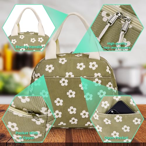 Lunch Bag for Women Grils Adult Cute Corduroy Lunch Tote Bags Reusable Insulated Lunch Box Large Capacity for Work Picnic or Travel (Brown-WhiteFlower) — view 5