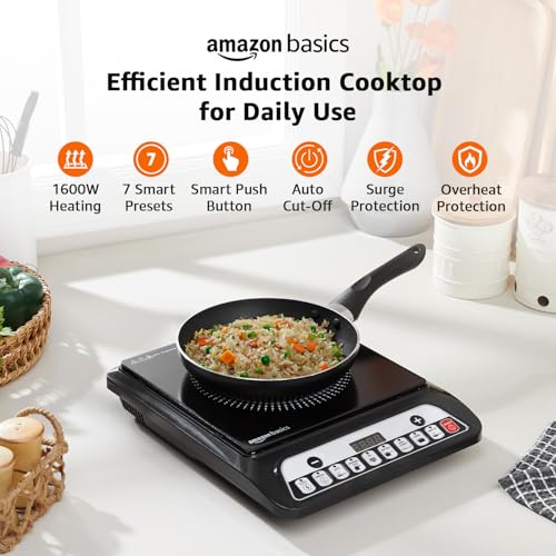 Image of Amazon Basics 1600W Induction Cooktop | 7 Pre-Set Cooking Menus | LED Display | Smart Push Buttons I Energy Efficient, Auto Cut-off, 20A IGBT & 4KV Surge Protection I Black