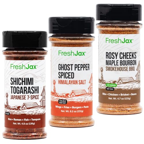 FreshJax Fiery Sweet Umami Seasoning Trio: Shichimi Togarashi Japanese Seven Spice, Ghost Pepper Himalayan Pink Salt, and Rosy Cheeks Maple Bourbon BBQ Pack image 2