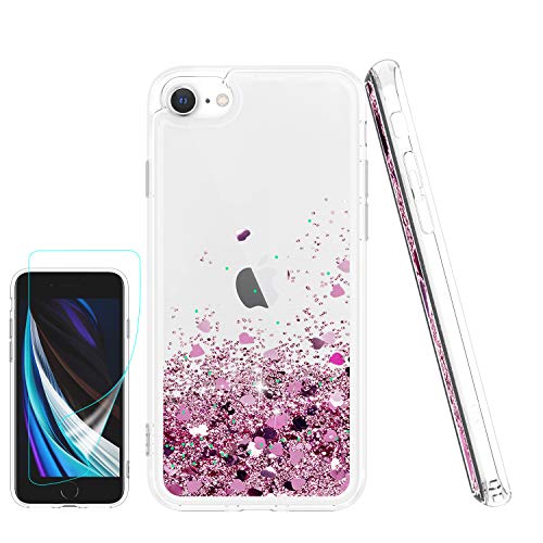 Atump Funda iPhone SE 2020 con Protector de Pantalla HD, Transparente Cristal Silicona Purpurina Bumper Gel TPU Fundas Case Cover para Movil para iPhone 6/6s/7/8 /SE 2020 Oro Rosa
