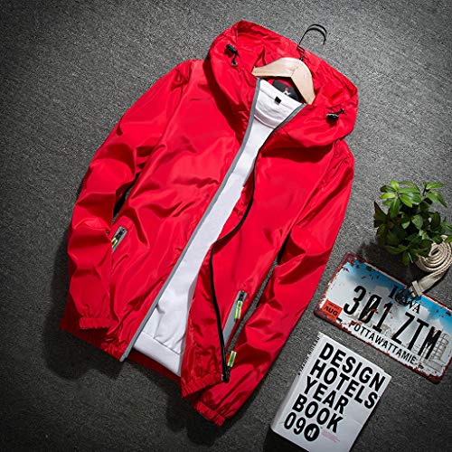 Mens Faux Leather Jacket, Lightweight Windbreaker Jacket Denim Jacket Plus Size Snowboarding Jacket Men Casual Size Hoodie Reflective Zipper Outdoor Sport Coat 3X Fleece Jacket (Red, Large) #TOP3