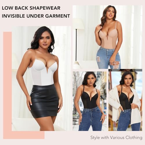 SHAPERIN Women's Deep V Neck Backless Body Shaper Bra Faja Plunge Low Back Thong Shapewear Tummy Control Bodysuit4