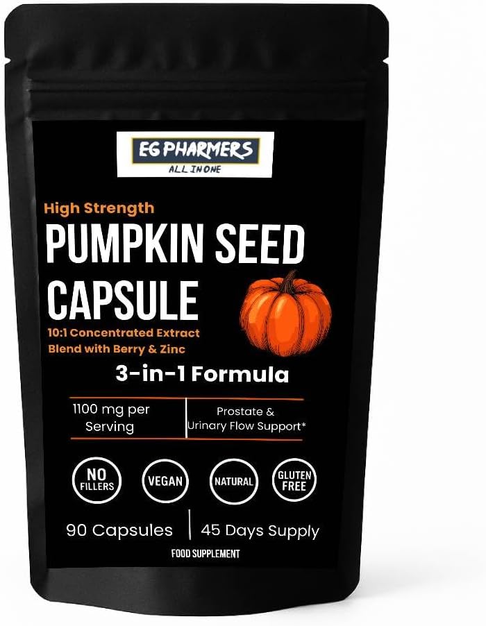 Pumpkin Seed Capsules – 3-in-1 Herbal Formula with Berry & Zinc | High Strength 10:1 Extract | Prostate & Urinary Flow Support for Men | 1100mg per Serving | Vegan | 90 Capsules | Made in UK
